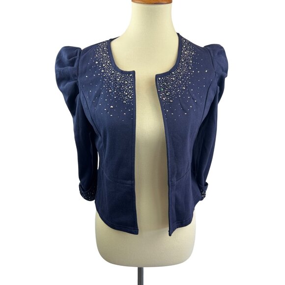 Eva Braun Jackets & Blazers - Eva Braun Puff Sleeve Cardigan Jacket Womens SM Navy Blue Rhinestone